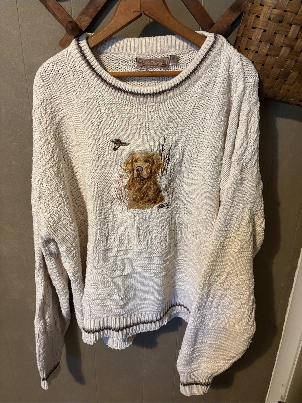 Vintage Cream Crewneck Sweater with Embroidered Dog & Duck Grandpacore